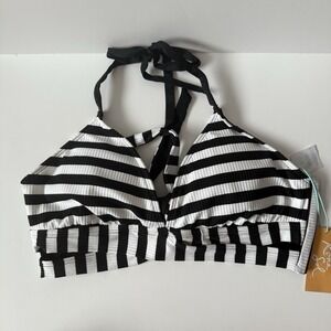 Women's Faux Wrap Halter Bikini Top - Kona Sol - Black White Stripe Size Large